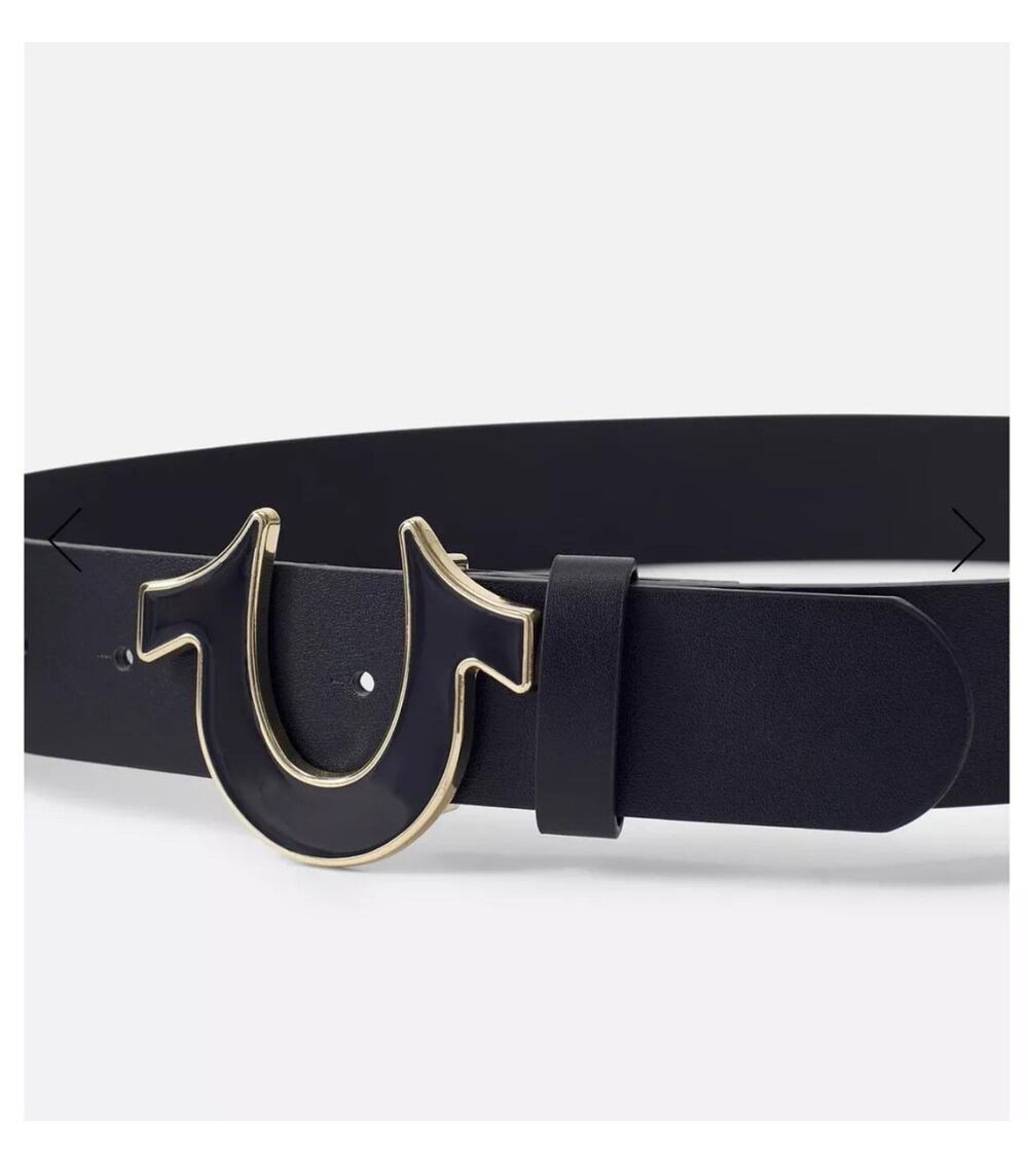 True Religion Mens Belt Size 42 Sage II Enamel Horseshoe Black/Gold buckle